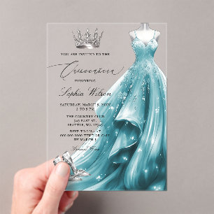 Invitaciones Acrílicas Vestido de princesa Quinceañera color azul verde p