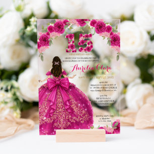 Invitaciones Acrílicas Vestido de princesa rosa floral Coquette Quinceane