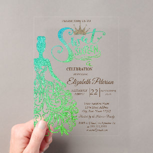 Invitaciones Acrílicas Vestido de purpurina verde, Dulces 16 verdes de di