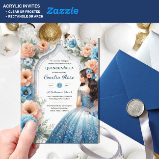 Invitaciones Acrílicas Vestido de quinceañera acrílico azul plata melocot