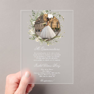 Invitaciones Acrílicas vestido de quinceañera blanco acrílico