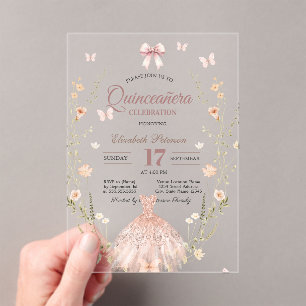 Invitaciones Acrílicas Vestido de quinceañera con lazo y brillo Chic Flor