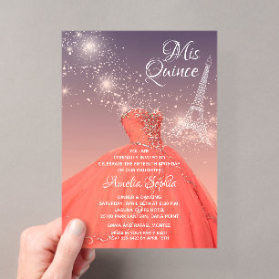 Invitaciones Acrílicas Vestido de Quinceañera Coral Torre Eiffel