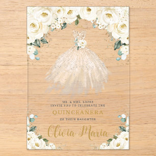 Invitaciones Acrílicas Vestido de Quinceañera de Champagne Floral Blanco 