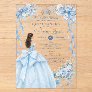 Invitaciones Acrílicas Vestido de Quinceañera de Corona Dorada Azul Polvo