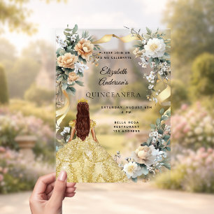 Invitaciones Acrílicas Vestido de quinceañera dorado flores amarillas tra