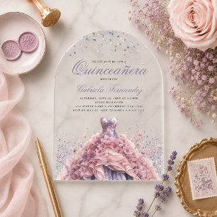Invitaciones Acrílicas Vestido de Quinceañera Elegante Floral Rosa