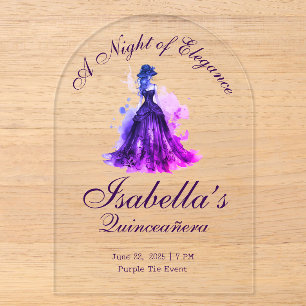 Invitaciones Acrílicas Vestido de quinceañera glam gótico de acuarela púr