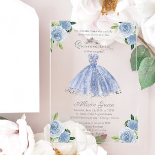 Invitaciones Acrílicas Vestido de Quinceañera Princesa Azul Plateado Polv
