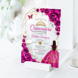 Invitaciones Acrílicas Vestido de Quinceañera Rosa Fucsia Dorado