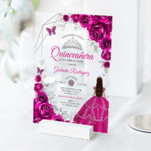 Invitaciones Acrílicas Vestido de Quinceañera Rosa Fucsia Plateado