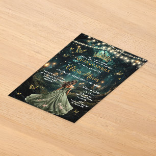 Invitaciones Acrílicas Vestido de Quinceañera Verde Salvia Bosque Encanta