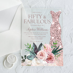 Invitaciones Acrílicas Vestido de Rosa Dorado Flores Rosadas Cumpleaños 5
