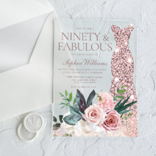 Invitaciones Acrílicas Vestido de Rosa Dorado Flores Rosadas Cumpleaños 9