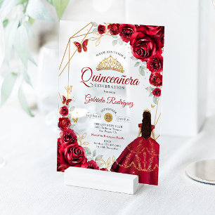 Invitaciones Acrílicas Vestido de Rosas Rojas Quinceañera Dorado Blanco