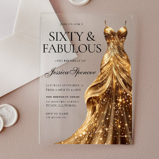 Invitaciones Acrílicas Vestido dorado de champán Sesenta y fabuloso cumpl