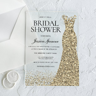 Invitaciones Acrílicas Vestido dorado Elegancia Ducha nupcial
