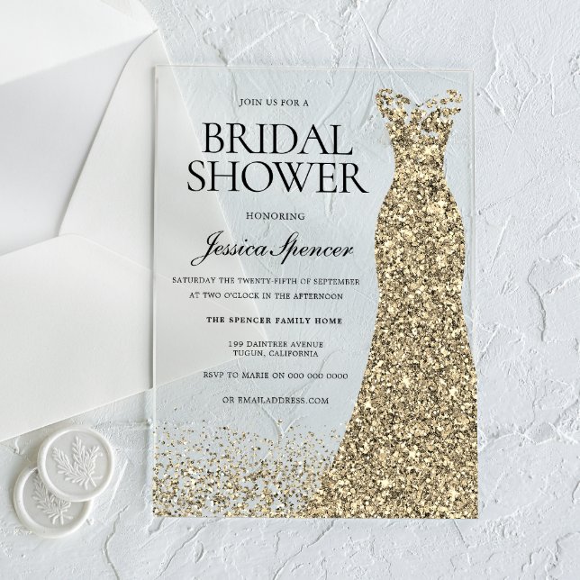 Invitaciones Acrílicas Vestido dorado Elegancia Ducha nupcial (Subido por el creador)