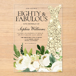 Invitaciones Acrílicas Vestido dorado Floral blanca 80 cumpleaños