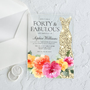 Invitaciones Acrílicas Vestido Dorado Floral Botánico Cumpleaños 40