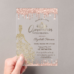 Invitaciones Acrílicas Vestido Dorado Rosa Dorado Brillo Gotitas Quinceañ