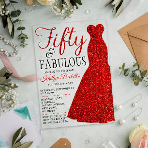Invitaciones Acrílicas Vestido Elegante con Brillo Cumpleaños Cincuenta