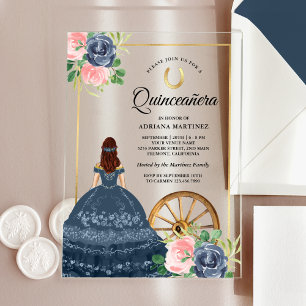 Invitaciones Acrílicas Vestido Floral Azul Marino Charro Dorado Quinceañe