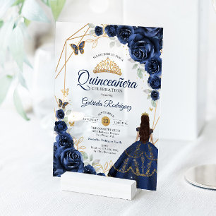 Invitaciones Acrílicas Vestido Floral Azul Marino Quinceañera Dorado
