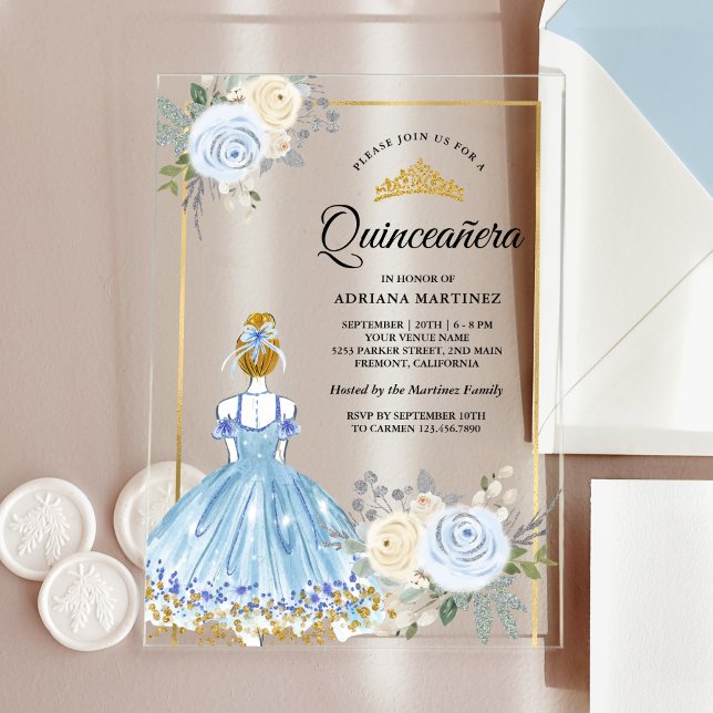 Invitaciones Acrílicas Vestido floral azul Pastel Princess Gold Quinceane (Subido por el creador)