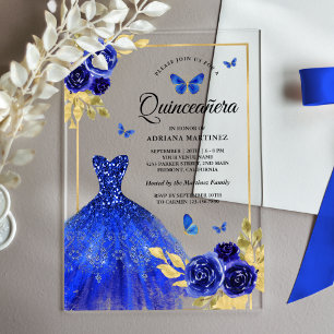Invitaciones Acrílicas Vestido floral azul real mariposa dorado Quinceane