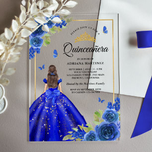 Invitaciones Acrílicas Vestido floral azul real mariposa Quinceanera