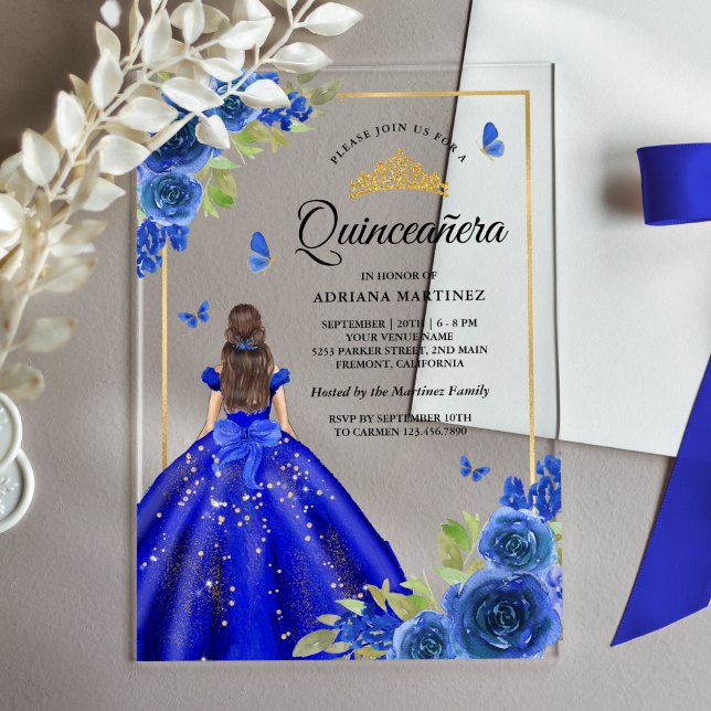 Invitaciones Acrílicas Vestido floral azul real mariposa Quinceanera (Subido por el creador)