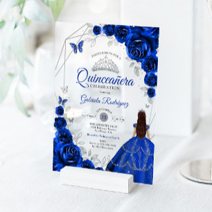Invitaciones Acrílicas Vestido Floral Azul Real Plata Quinceañera