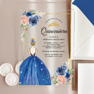 Invitaciones Acrílicas Vestido floral azul real Princesa Oro Quinceanera