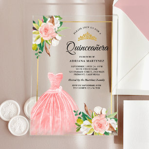 Invitaciones Acrílicas Vestido floral de acuarela rosa rubor Quinceañera