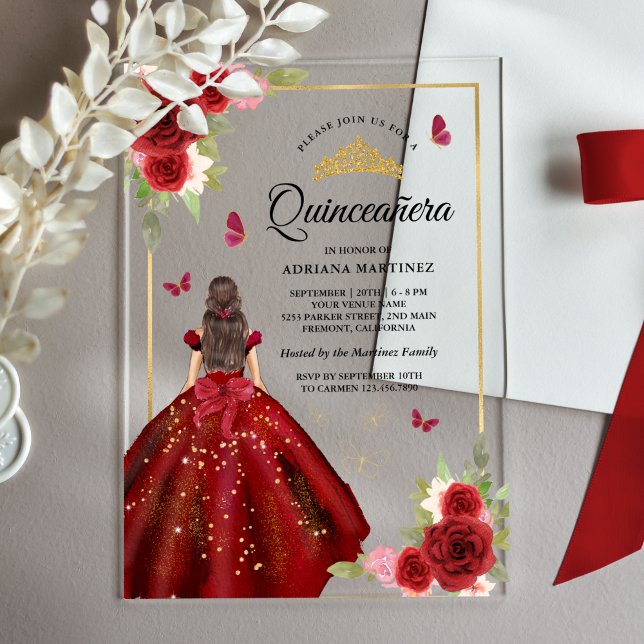 Invitaciones Acrílicas Vestido floral de Borgoña Mariposa Quinceanera (Subido por el creador)