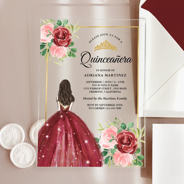 Invitaciones Acrílicas Vestido floral de Borgoña Princesa Oro Quinceanera (Subido por el creador)