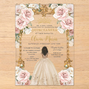 Invitaciones Acrílicas Vestido Floral de Champagne Rubor Vintage Quincean