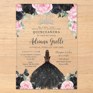 Invitaciones Acrílicas Vestido Floral de Flores Negras Rosadas Quinceañer