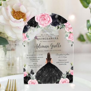Invitaciones Acrílicas Vestido Floral de Flores Negras Rosadas Quinceañer