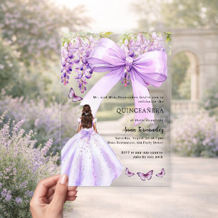 Invitaciones Acrílicas Vestido floral de lazo de lavanda claro Quinceaner
