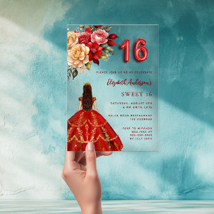 Invitaciones Acrílicas Vestido floral de oro rojo rosas claro Sweet 16