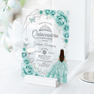 Invitaciones Acrílicas Vestido Floral de Plata Turquesa para Quinceañera