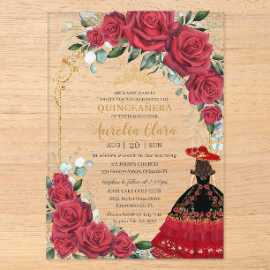 Invitaciones Acrílicas Vestido Floral de Rosas Rojas Charro Negro Quincea