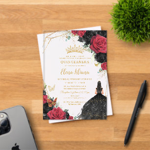 Invitaciones Acrílicas Vestido floral de rosas rojas y negras Quinceañera