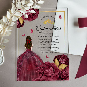 Invitaciones Acrílicas Vestido Floral Dorado Borgoña Mariposa Quinceañera