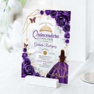 Invitaciones Acrílicas Vestido Floral Morado Quinceañera Dorado