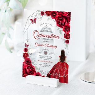 Invitaciones Acrílicas Vestido Floral Rojo Plata Quinceañera