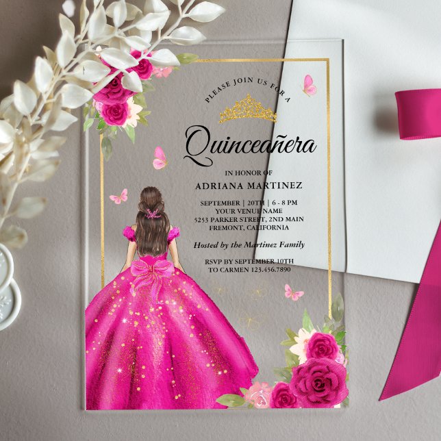 Invitaciones Acrílicas Vestido floral rosa caliente mariposa dorada Quinc (Subido por el creador)