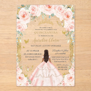 Invitaciones Acrílicas Vestido Floral Rosa Dorado Vintage Quinceañera